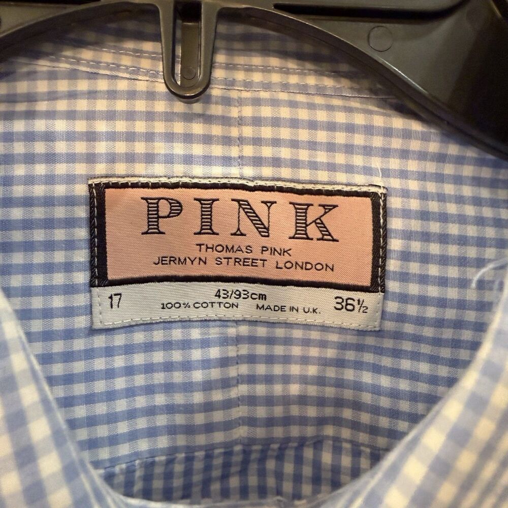 Thomas Pink Blue Gingham Shirt Mens 17/36.5 French Cuff Button Up Work Suit